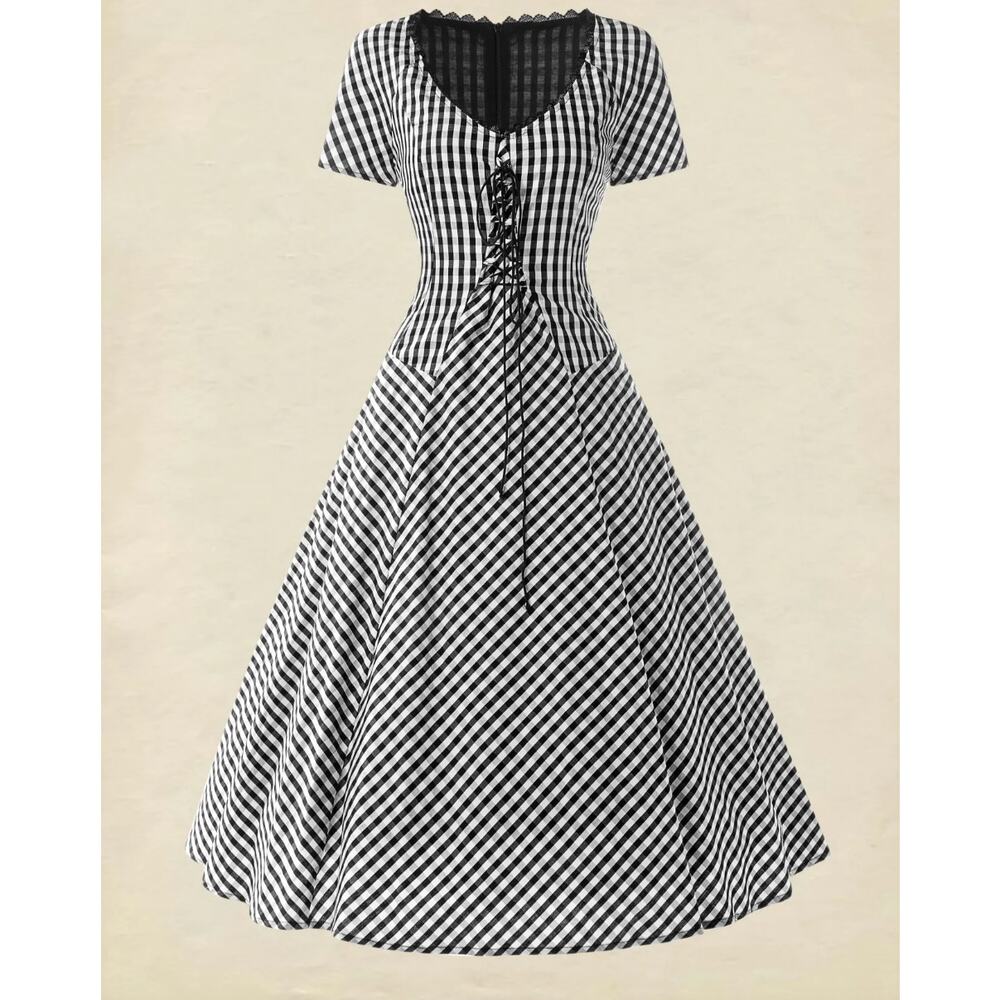 New! Linen Vibes Corset Midi Gingham S Dress Retro Vintage Inspired MSRP $128
